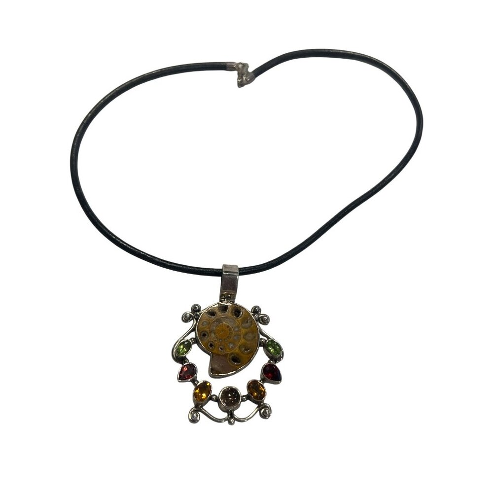 Vintage Ammonite Fossil Pendant Necklace Sterling Silver Crystal Black Leather